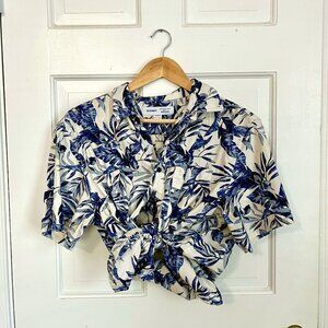 Blue and White Hawaiian Button-Down Shirt